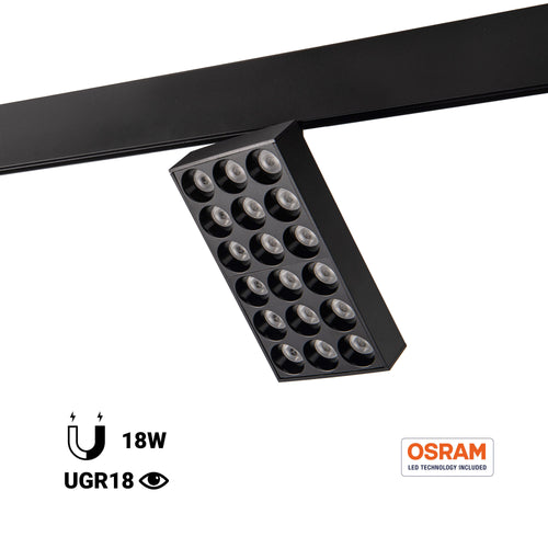 Τετραγωνική LED λυχνία για μαγνητική ράγα 48V - 18W - CRI90 - UGR18 - OSRAM
