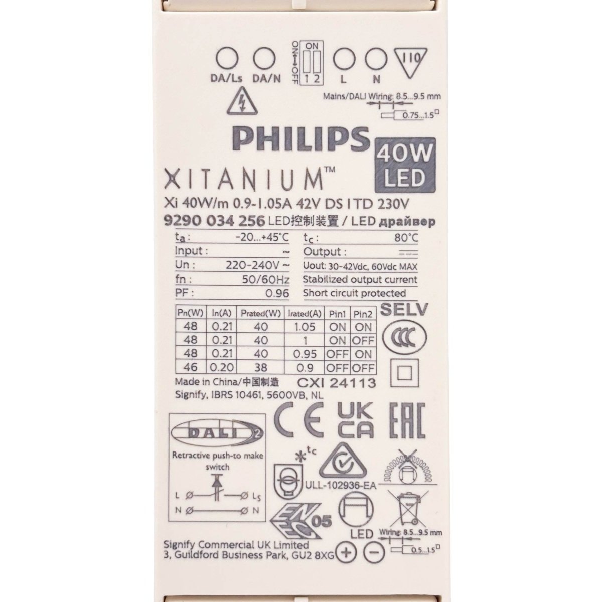 Driver regulable DALI 2.0 - Philips Xitanium - 220-240V - Salida 42V DC - 0.9-1.05A - 40W - Barcelona Led-Control y regulación