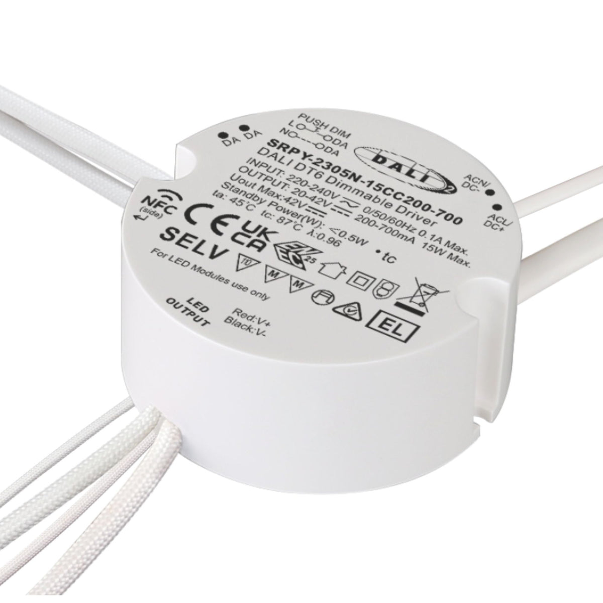 Driver regulable DALI DT6 NFC monocolor 220-240V - Salida 10-42V DC - 15W- 200-700mA (1)