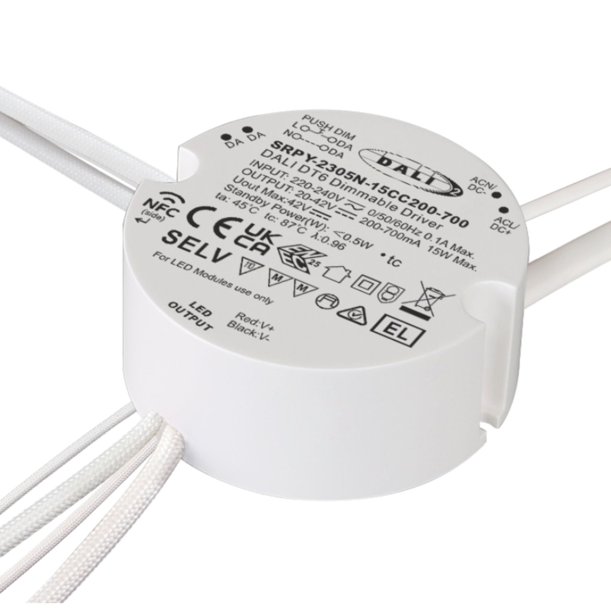 Driver regulable DALI DT6 NFC monocolor 220-240V - Salida 10-42V DC - 15W- 200-700mA (1)