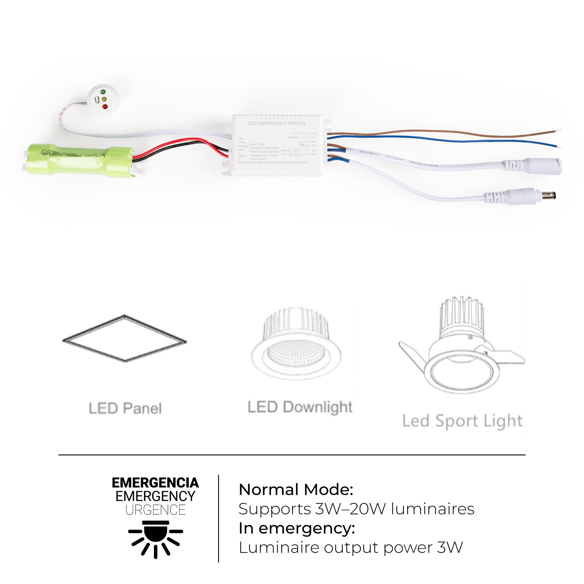 Driver LED para emergencia - Salida 3W - 3h autonomía - Luz 3/20W (1)