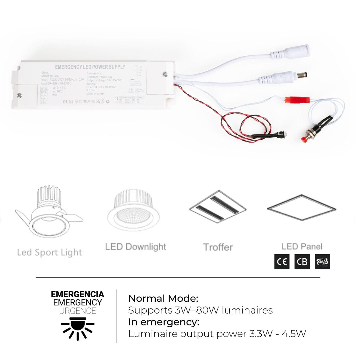 Driver LED para emergencia - Salida 3,3/4,5W - 3h autonomía - Luz 3-80W - Barcelona Led-