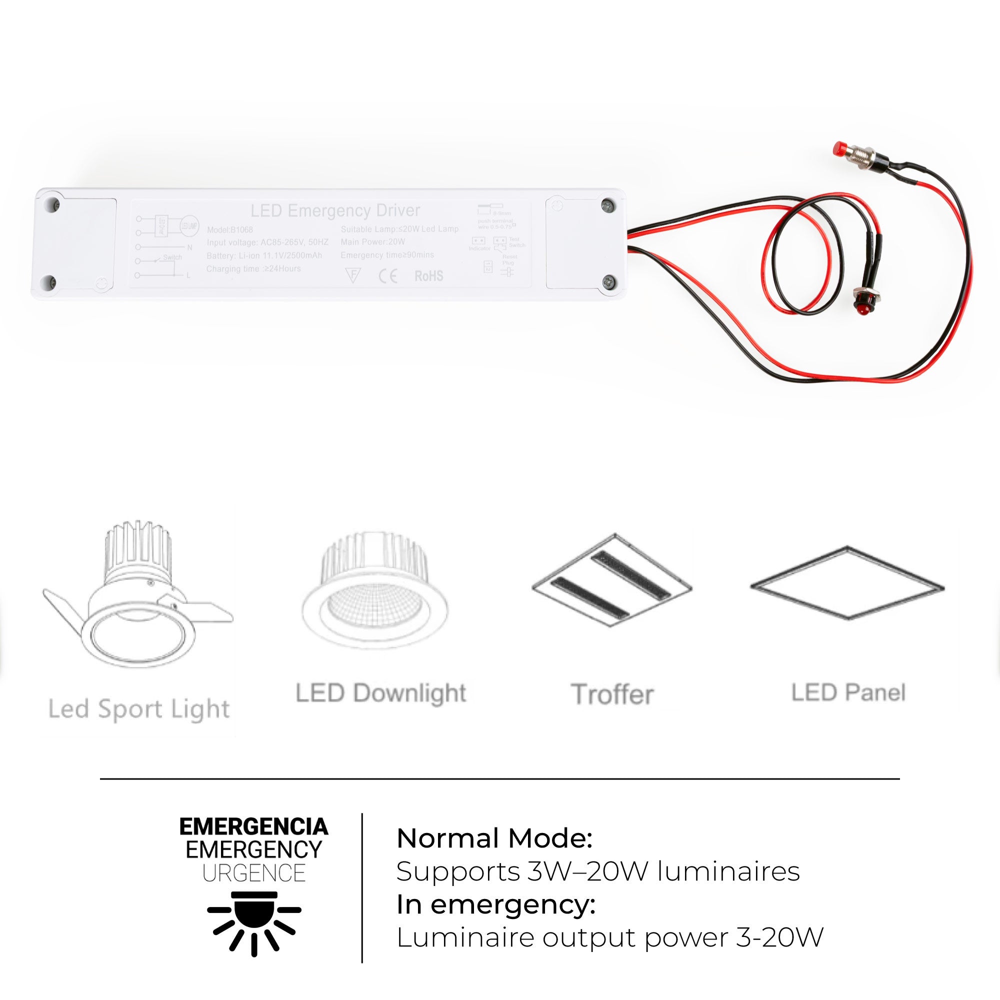 Driver LED para emergencia - Salida 3-20W - 2h autonomía - Luz 3-20W (1)