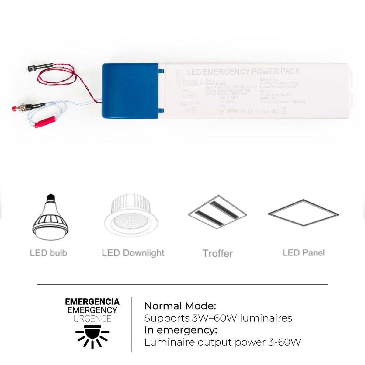 Driver LED para emergencia - Salida 3-60W - 3h autonomía - Luz 3-60W - Barcelona Led-