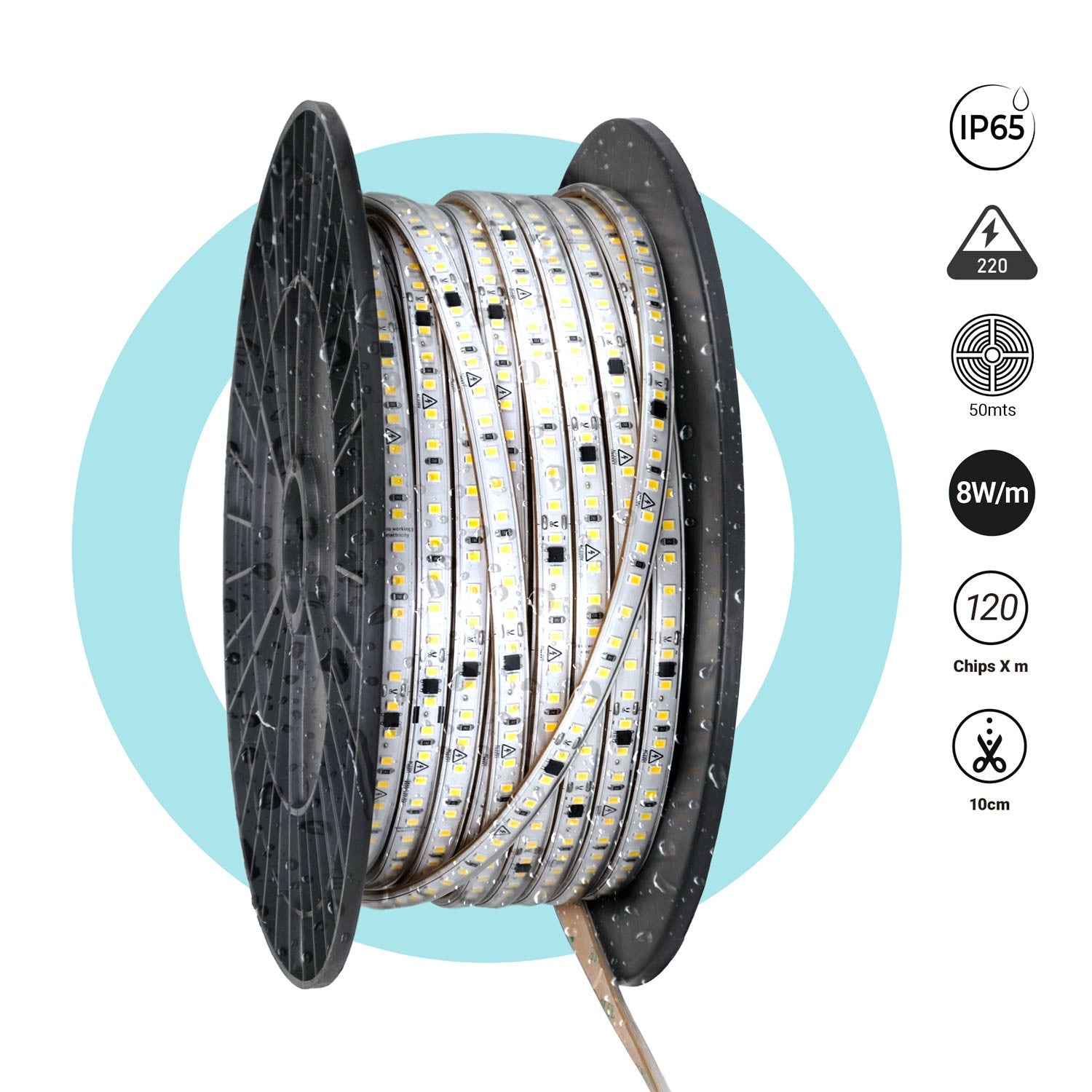 Tira LED 220V AC - Monocolor - 8W/m - 10mm - IP65 - 50 metros - 120ch/m