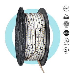 Tira LED 220V AC - Monocolor - 8W/m - 10mm - IP65 - 50 metros - 120ch/m
