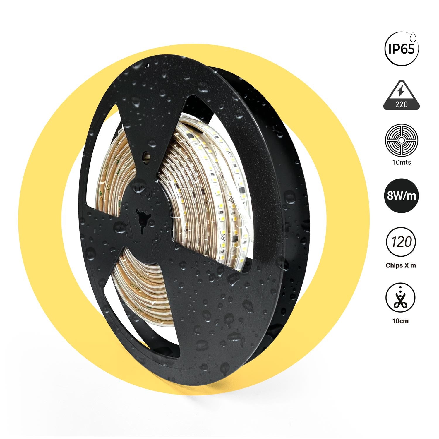 Tira LED 220V AC - Monocolor - 8W/m - 10mm - IP65 - 10 metros - 120ch/m