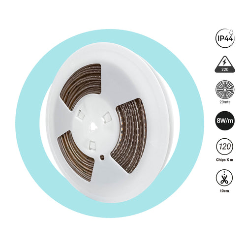 LED Strip 220V AC - Monocolor - 8W/m - 6.5mm - IP44 - 20 meters - 120ch/m