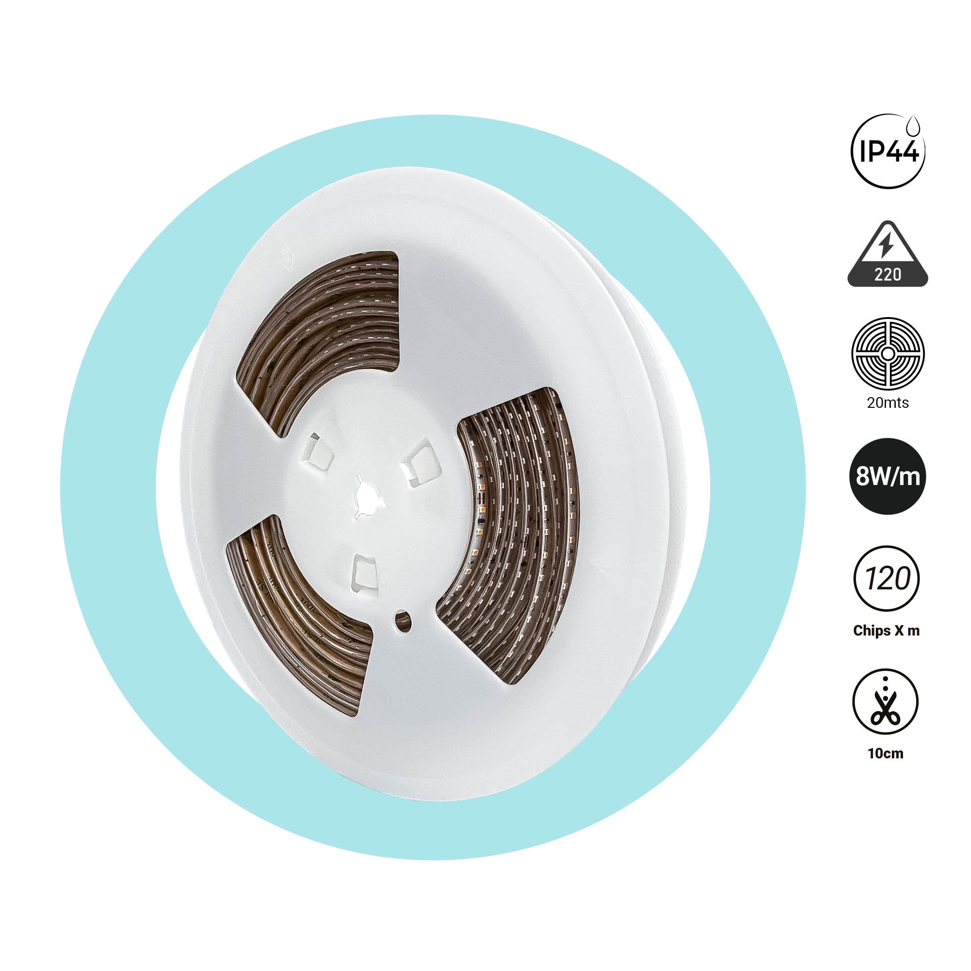 Tira LED 220V AC - Monocolor - 8W/m - 6.5mm - IP44 - 20 metros - 120ch/m