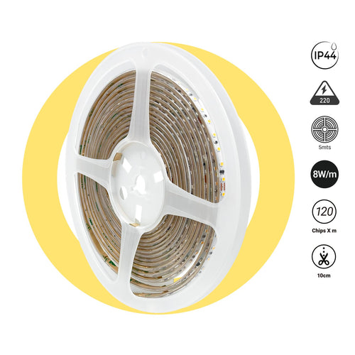 LED Strip 220V AC - Monocolor - 8W/m - 6.5mm - IP44 - 5 meters - 120ch/m