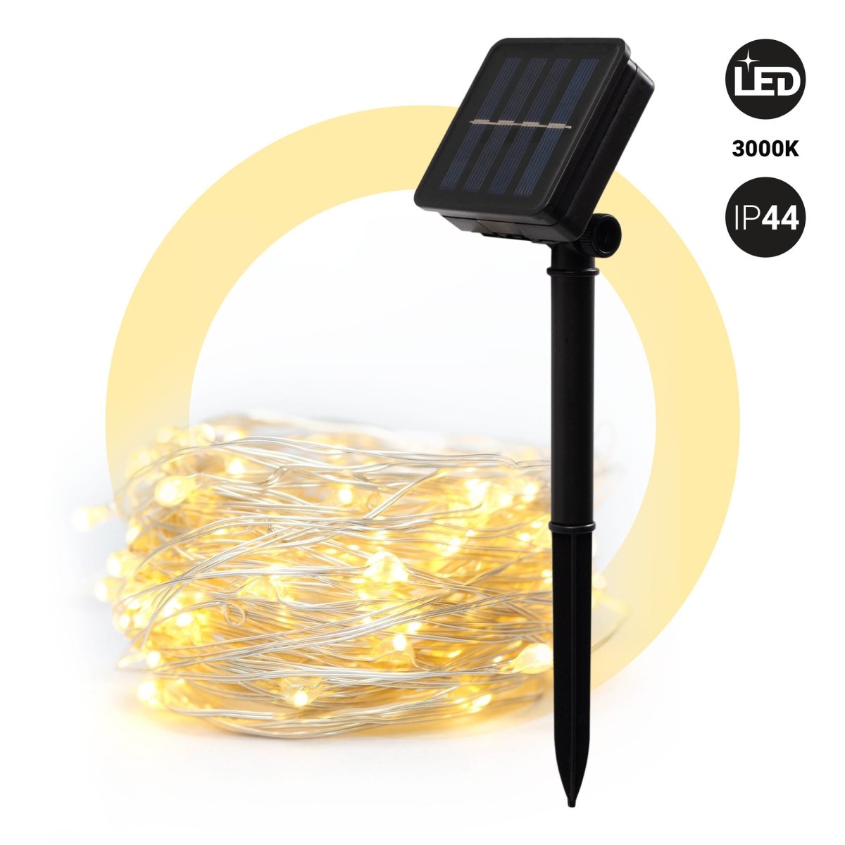 Guirnalda solar en alambre plateado - IP44 - 100 luces - Blanco cálido - 10 metros - Barcelona Led-