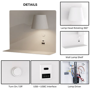 Aplique de pared para lectura con puerto USB y USBC "BASKOP" - 6W - Lado Derecho (14)