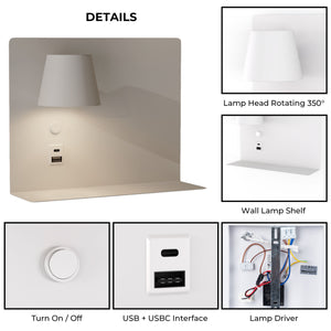 Aplique de pared para lectura con puerto USB y USBC "BASKOP" - 6W - Lado Izquierdo (14)