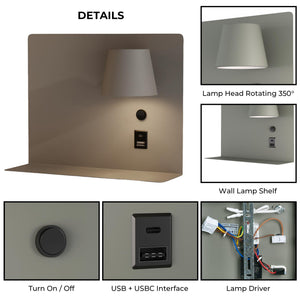 Aplique de pared para lectura con puerto USB y USBC "BASKOP" - 6W - Izquierda y Derecha (47)