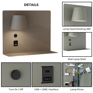 Aplique de pared para lectura con puerto USB y USBC "BASKOP" - 6W - Izquierda y Derecha (49)
