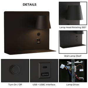 Aplique de pared para lectura con puerto USB y USBC "BASKOP" - 6W - Lado Derecho (7)