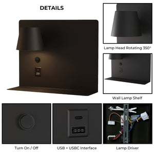 Aplique de pared para lectura con puerto USB y USBC "BASKOP" - 6W - Izquierda y Derecha (53)