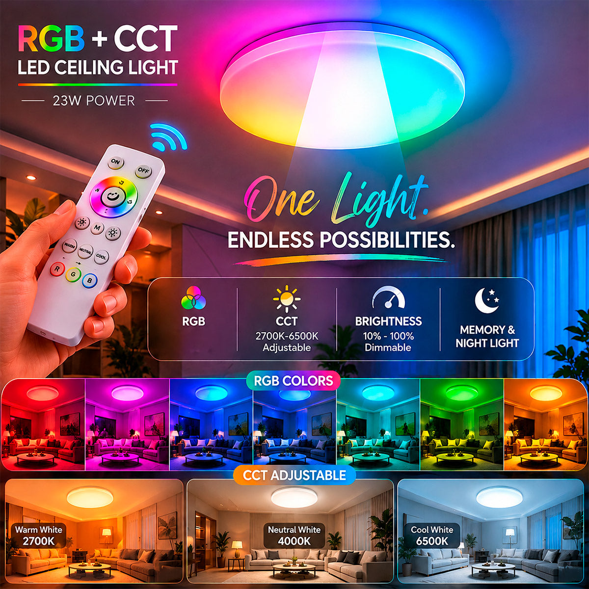 Plafón LED de techo con mando a distancia - RGB + CCT - 23W - CRI80 - IP20 (1)