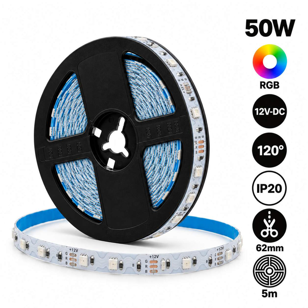 Tira LED RGB zig zag - 12V - 50W - 8mm - IP20 - 42ch/m - Rollo 5 metros - Corte cada 6,2 cm