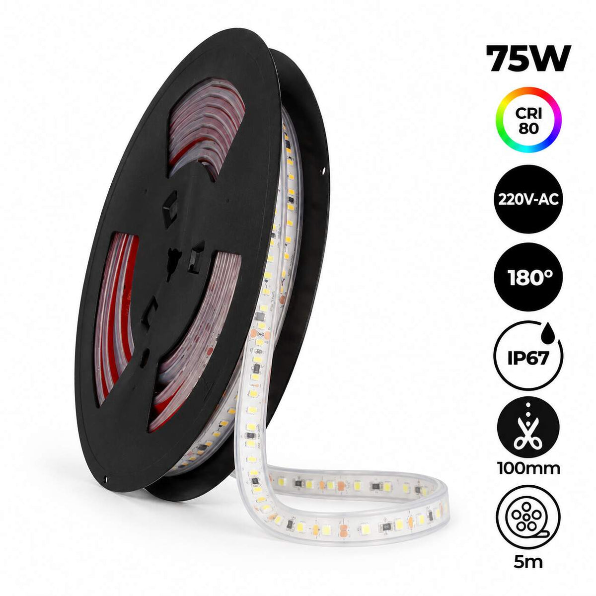 Tira LED 220V 75W (600xSMD2835) 12mm IP67 Rollo 5 metros