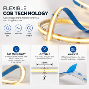 Tira LED COB 24V DC - 12W/m - 10mm - IP20 - Rollo de 10 metros - Corte cada 5cm (5)
