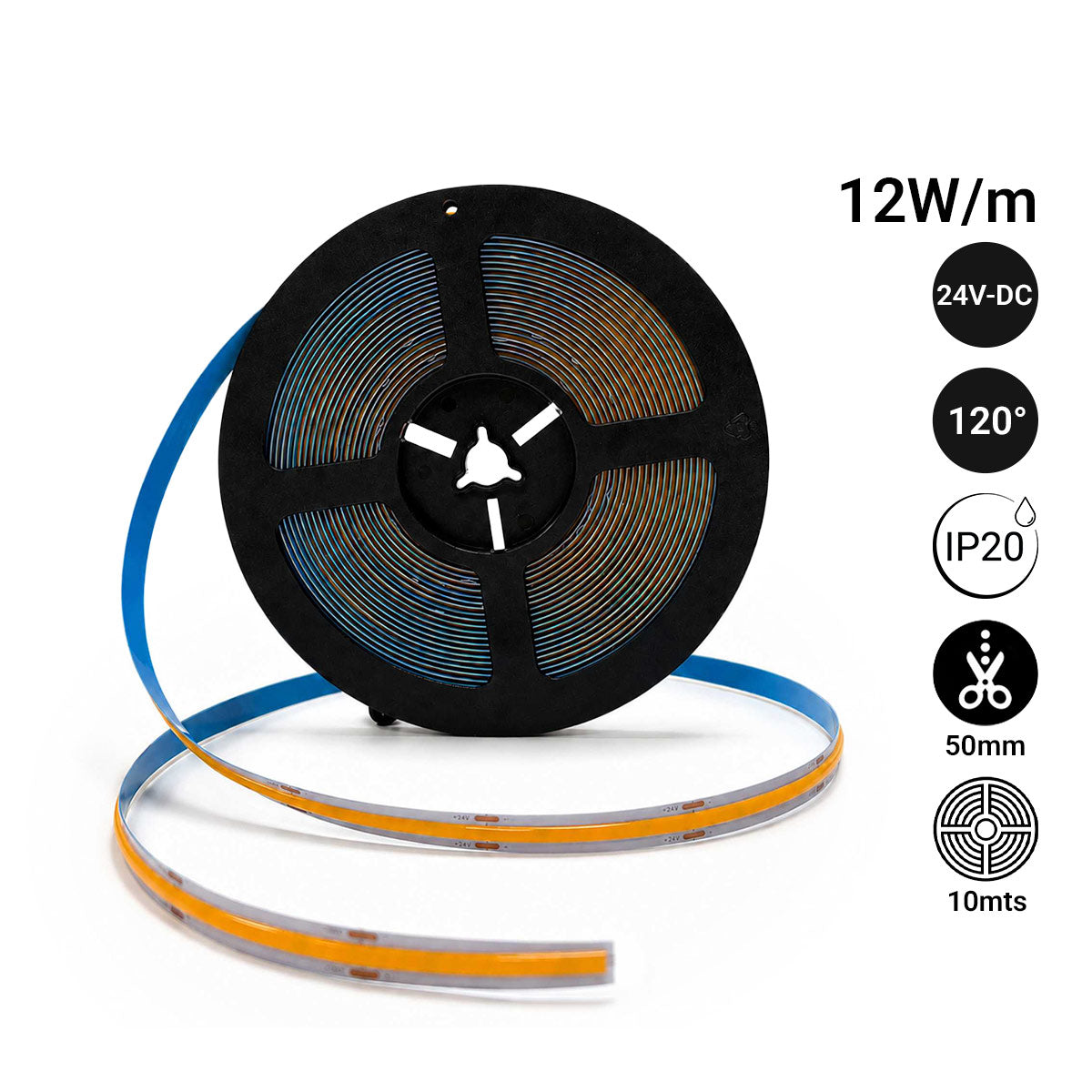 Tira LED COB 24V DC - 12W/m - 10mm - IP20 - Rollo de 10 metros - Corte cada 5cm