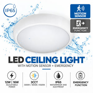 Plafón LED de techo estanco con sensor de movimiento + Luz de emergencia - CCT - Potencia ajustable 12W-16W - Ø31cm - IP65 (1)