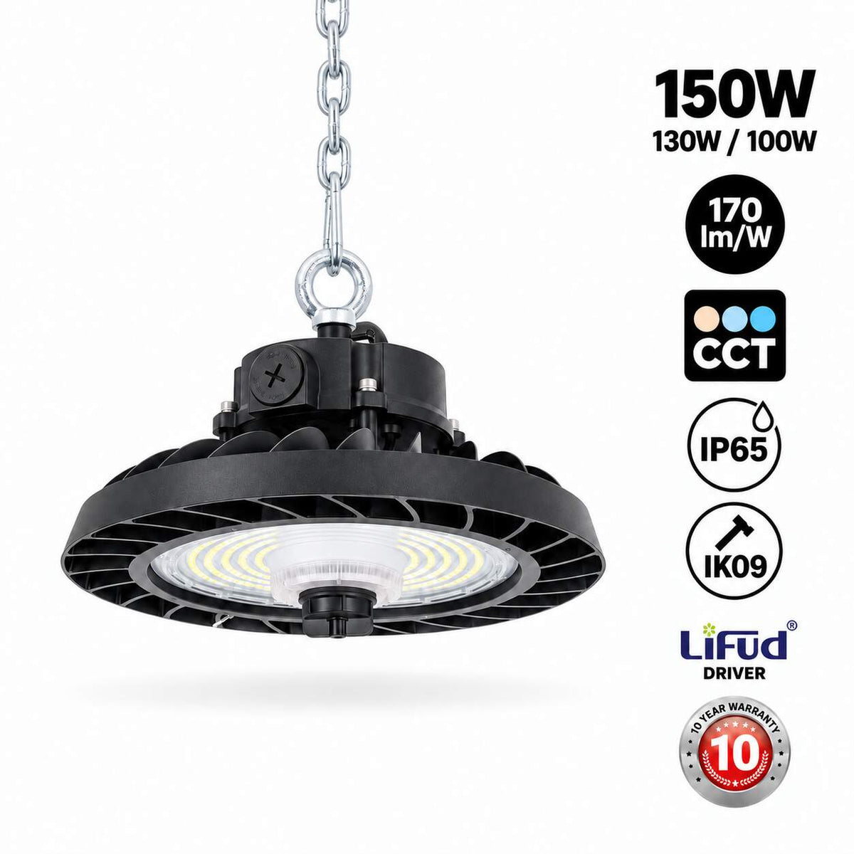 Campana LED UFO industrial 150W - CCT - 170lm/W - Driver LIFUD - IP65 - 10 años garantía