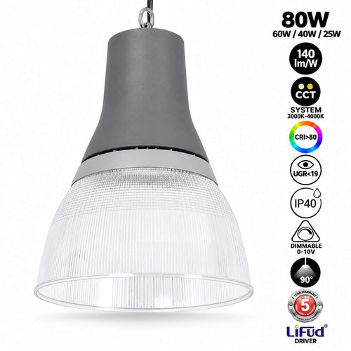 LED-Hallenstrahler CCT - kommerziell - (25W / 40W / 60W / 80W) - Polycarbonat Diffusor - UGR19 - Treiber Lifud