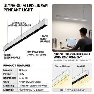 Luminaria colgante lineal LED 30W 120cm 2750lm de bajo UGR16 (6)