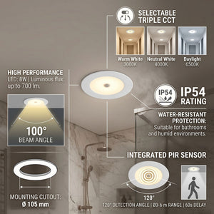 Downlight LED con sensor PIR "CLIO" - 8W - CCT - 700lm - Corte Ø85mm - IP54 (11)