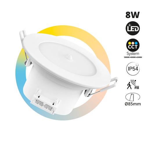 LED-Einbauleuchte mit PIR-Sensor „CLIO“ – 8 W – CCT – 700 lm – Abblendlicht Ø 85 mm – IP54