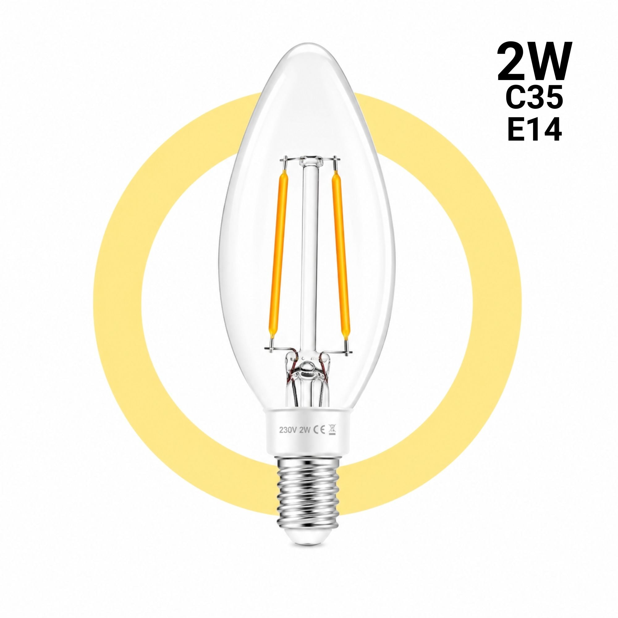 Bombilla LED filamento Vela - E14 C35 - 2W - 3000K - Transparente