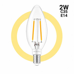 Bombilla LED filamento Vela - E14 C35 - 2W - 3000K - Transparente