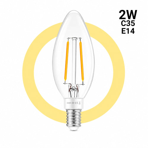 LED Filament Candle Bulb - E14 C35 - 2W - 3000K - Clear