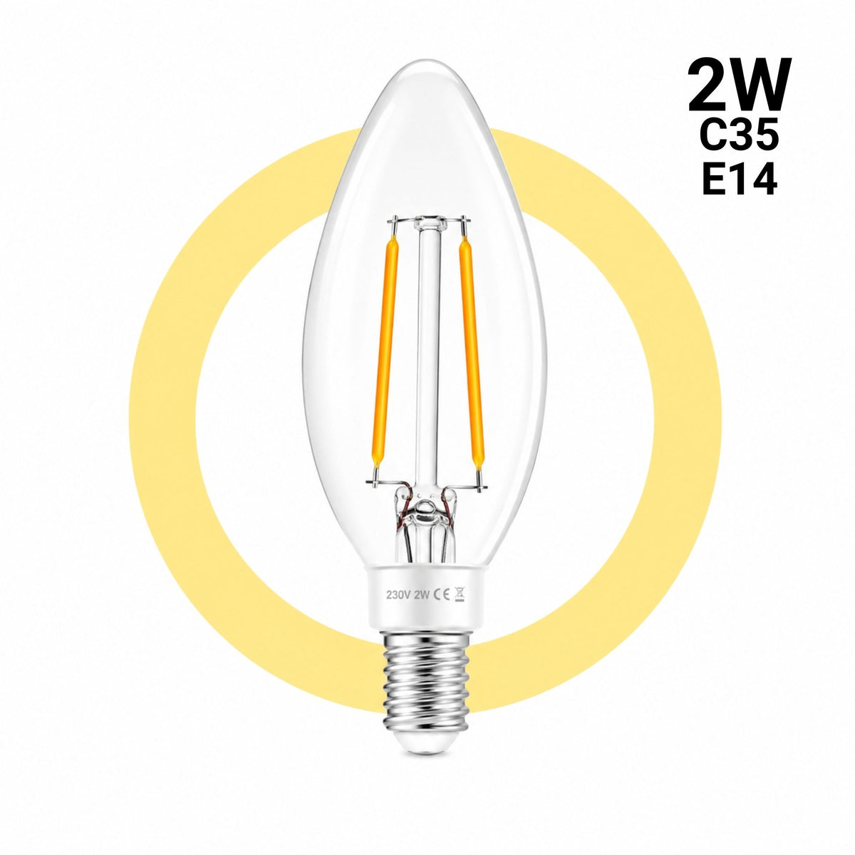 Bombilla LED filamento Vela - E14 C35 - 2W - 3000K - Transparente
