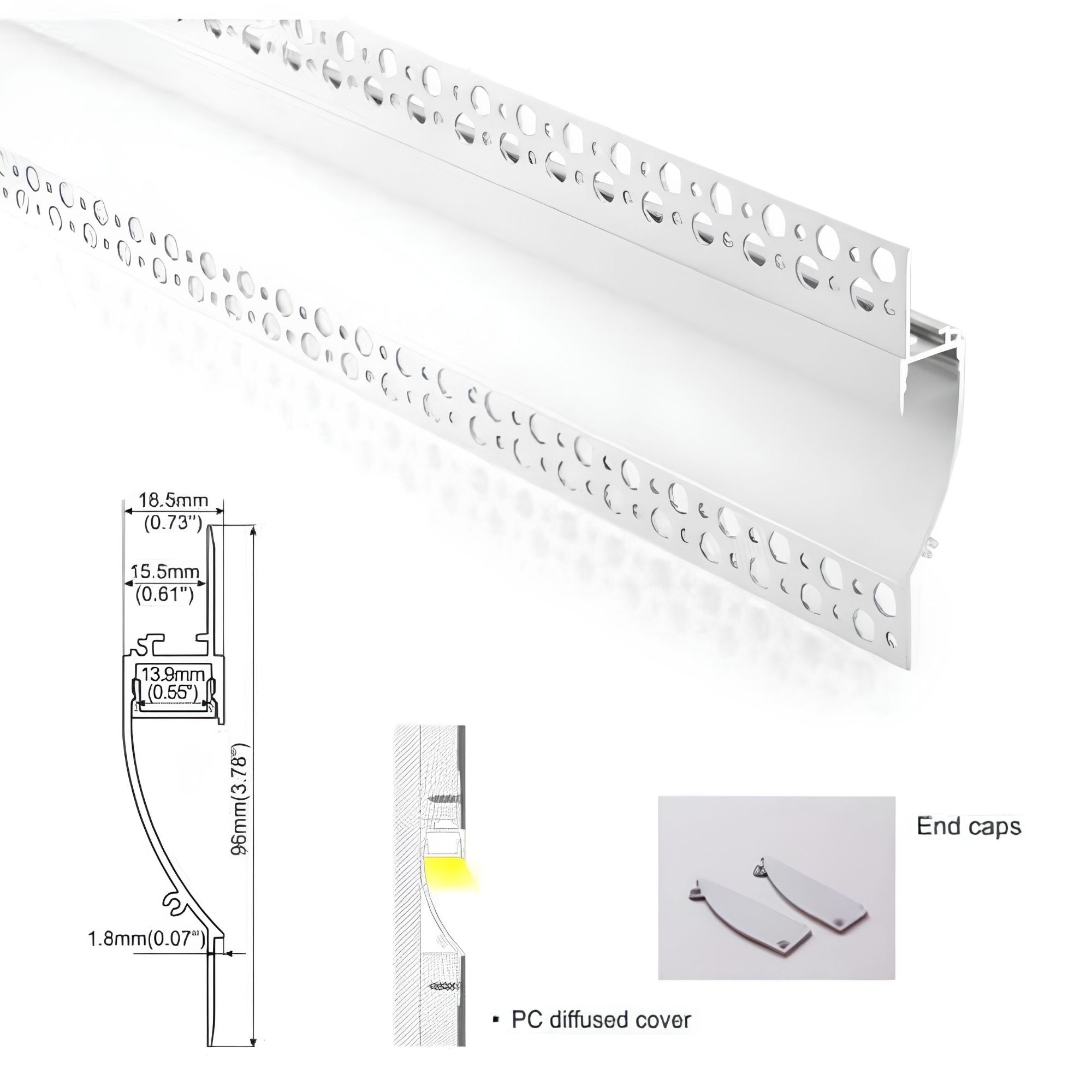 Perfil tira LED integración / trimless - 18x15mm - Con difusor - 2 metros (1)