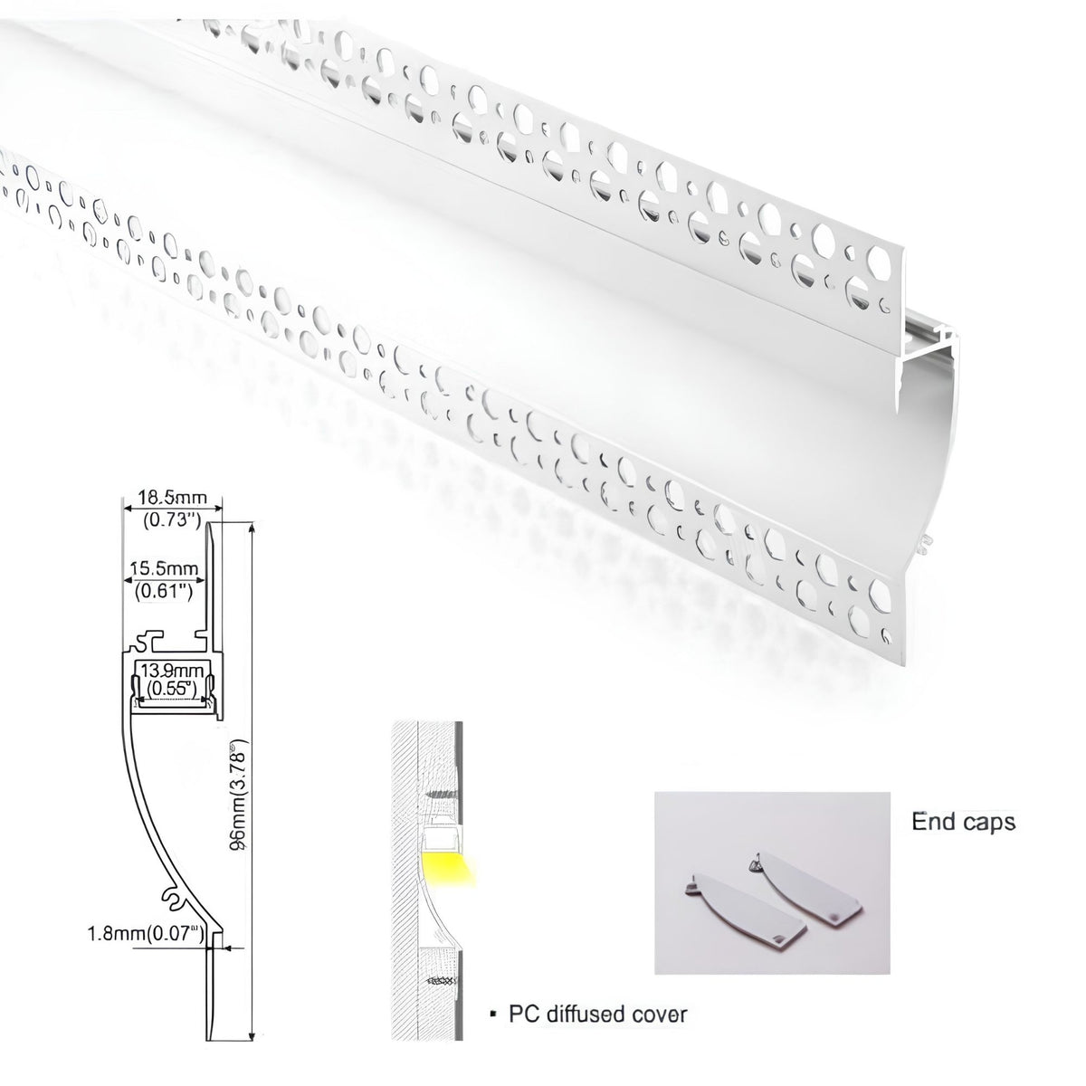 Perfil tira LED integración / trimless - 18x15mm - Con difusor - 2 metros (1)