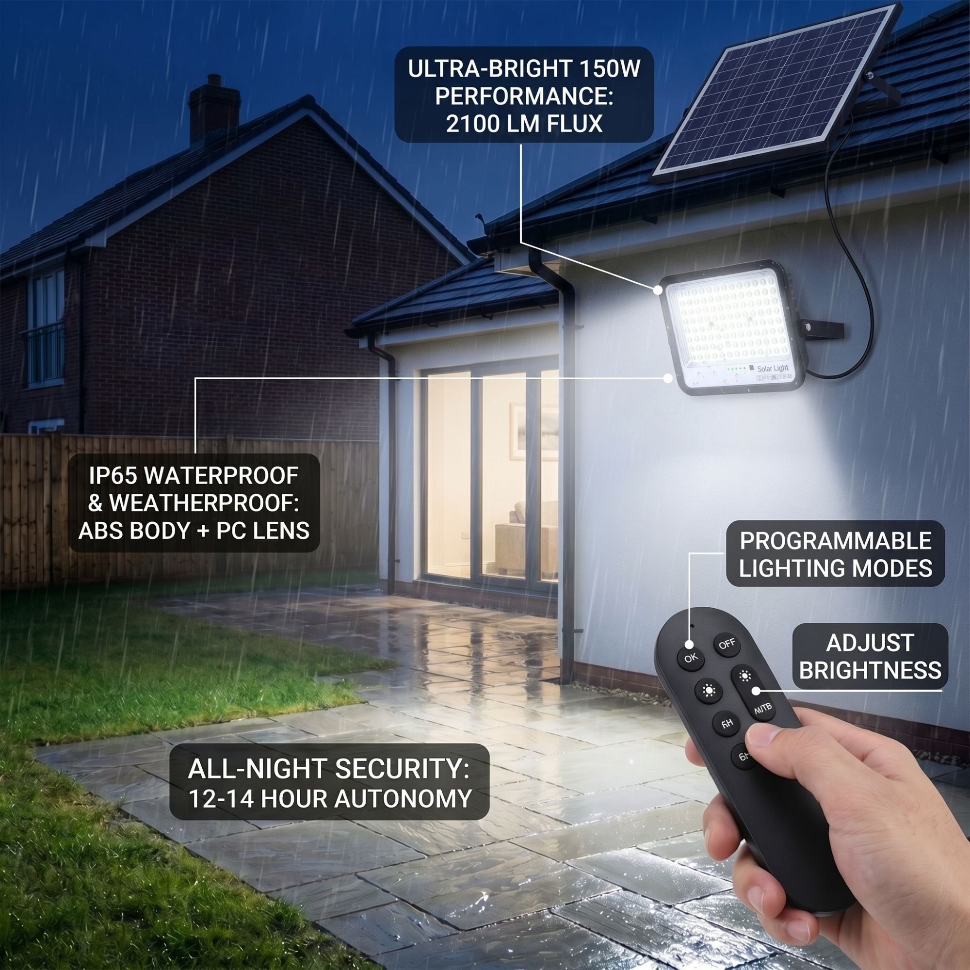 Proyector solar con panel y mando a distancia - 150W - 6500K - IP65 (1)
