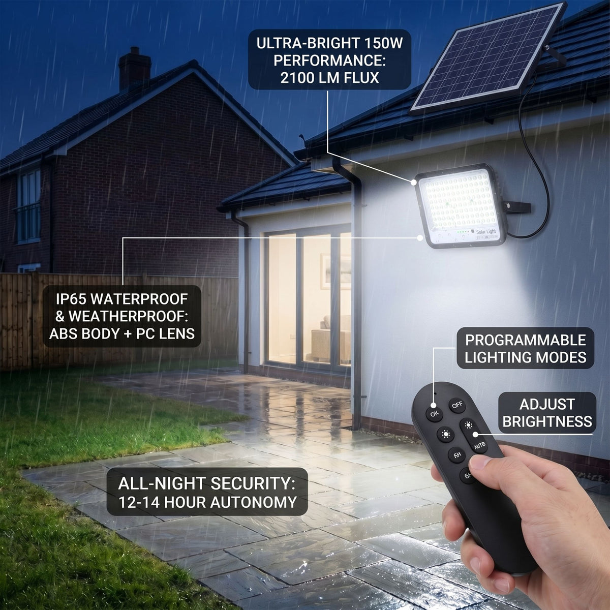 Proyector solar con panel y mando a distancia - 150W - 6500K - IP65 (1)