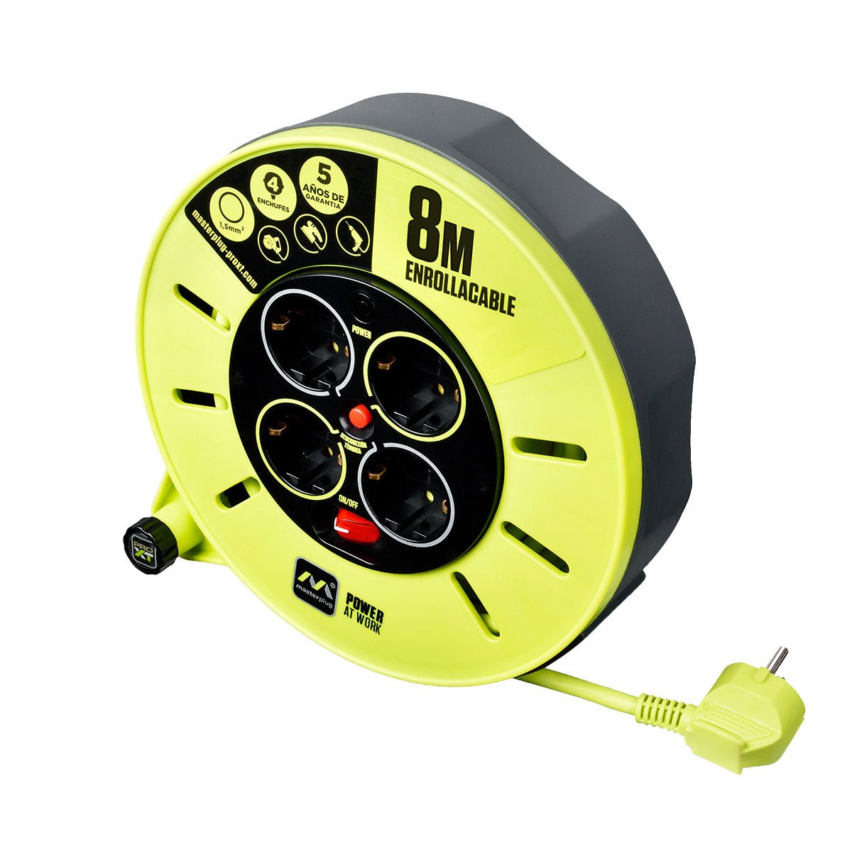 Enrollacables cerrado Pro-XT - 4 tomas - Cable alta visibilidad 3x1,5mm2 - 8m - IP20 - Barcelona Led-Material eléctrico