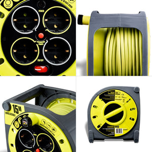 Enrollacables Cerrado Pro-XT - 4 tomas - Cable alta visibilidad 3x1,5mm2 - 15m - IP20 - Barcelona Led-Material eléctrico