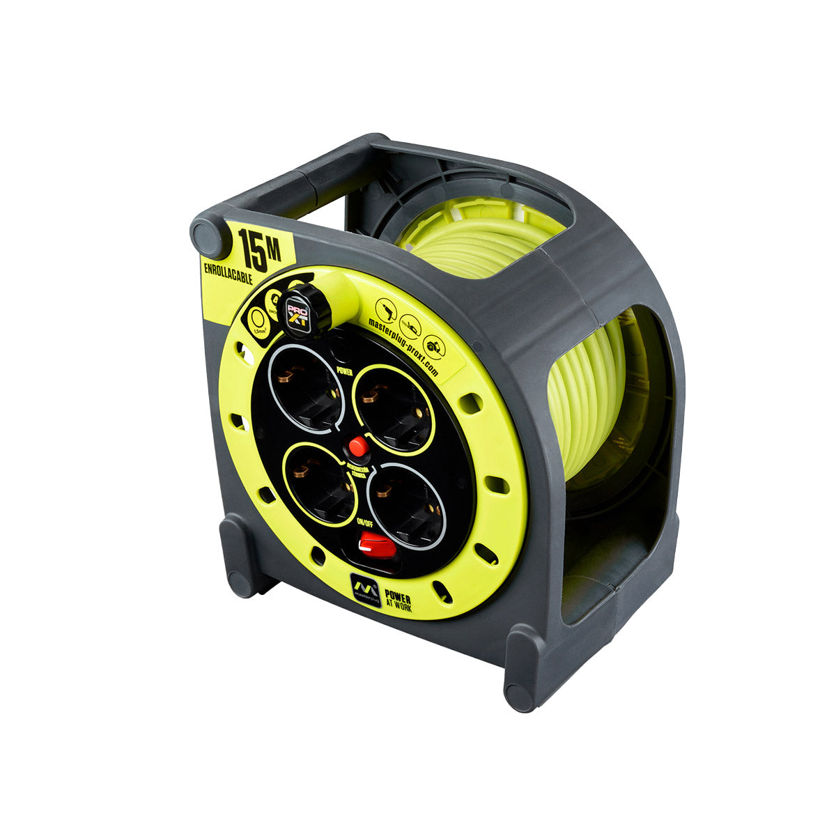 Enrollacables Cerrado Pro-XT - 4 tomas - Cable alta visibilidad 3x1,5mm2 - 15m - IP20