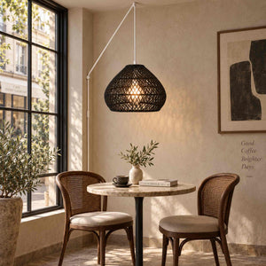 Lámpara colgante de ratán negro "SAORI" con interruptor y enchufe - E27 - Ø40 cm (15)
