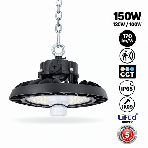 Suspension industrielle LED UFO 150W - CCT - Avec détecteur de mouvement - 170lm/W - Pilote LIFUD - IP65 - 5 ans de garantie