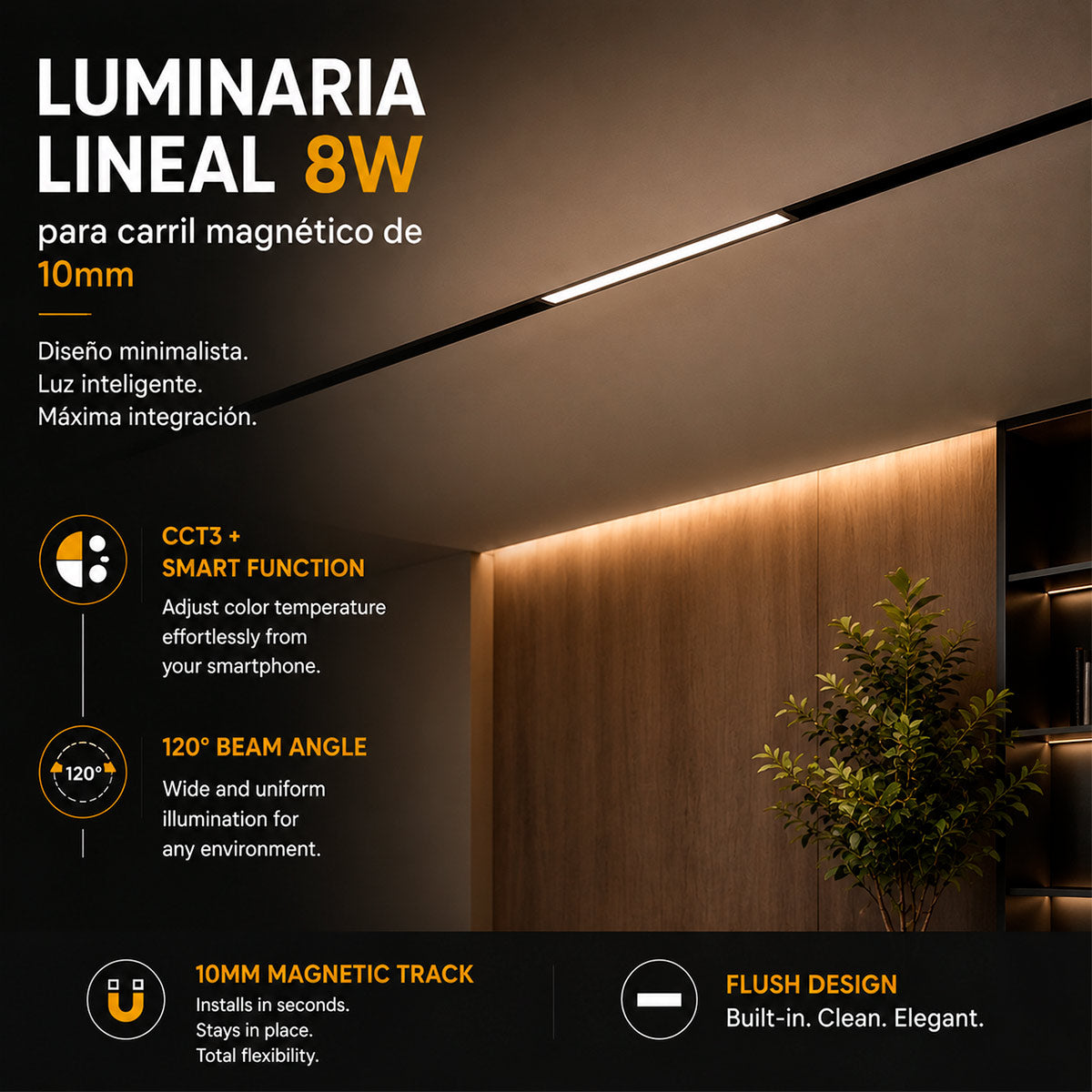 Luminaria lineal para carril magnético - 8W - 120º - 10mm - CCT + SMART FUNCTION (2)