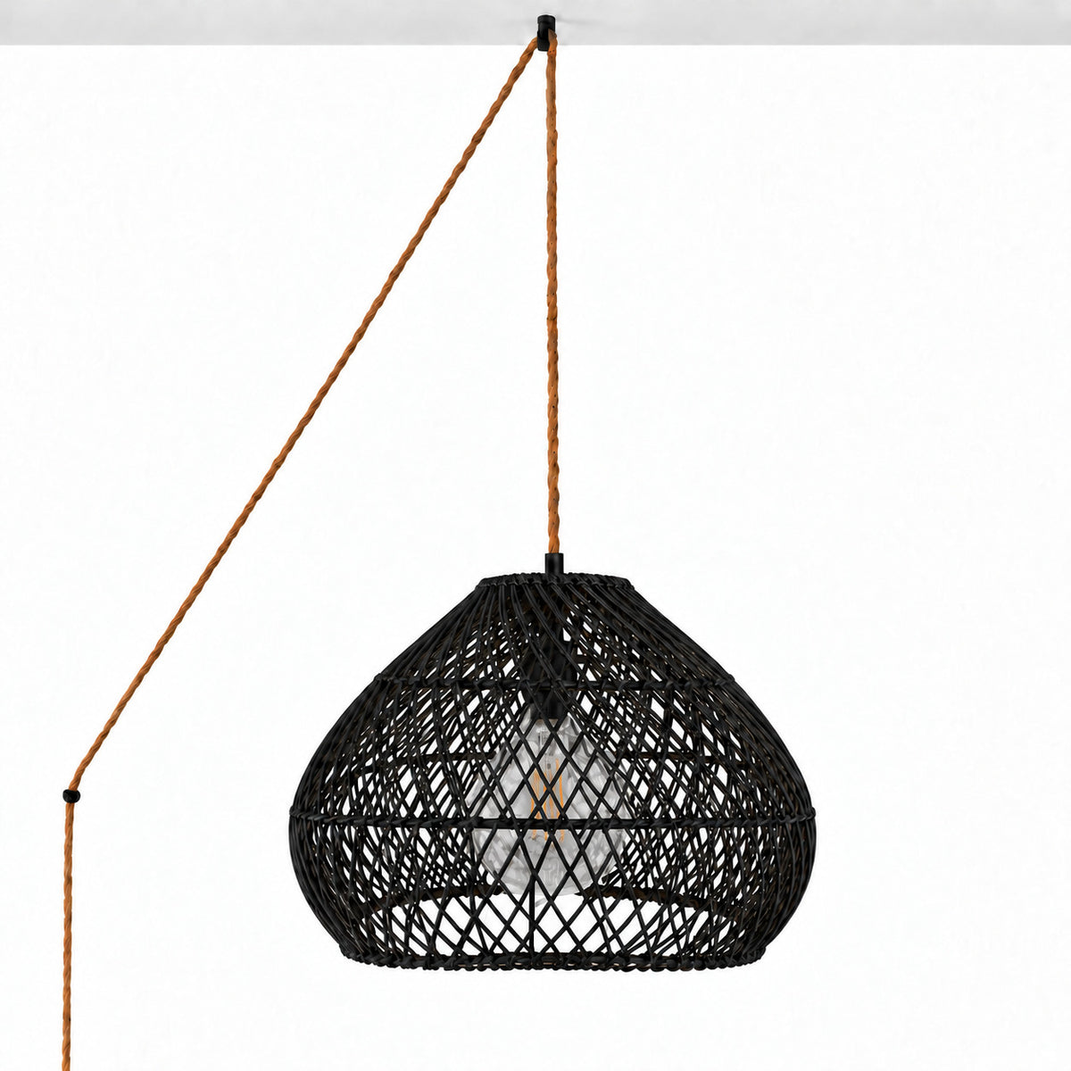 Lámpara colgante de ratán negro "SAORI" con interruptor y enchufe - E27 - Ø40 cm (1)