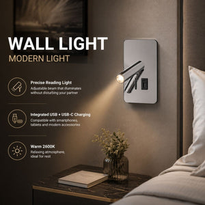 Aplique de pared "ALIX" - 3W - 2600K - USB+USB-C - Instalación superficie | | Barcelona Led