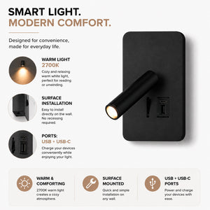Aplique de pared "ALIX" - 3W - 2600K - USB+USB-C - Instalación superficie (27)