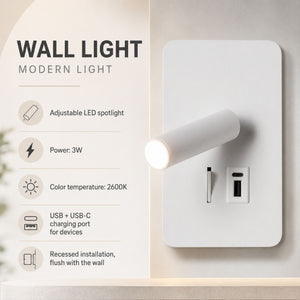 Aplique de pared "NORU" - 3W - 2600K - USB+USB-C - Empotrable (4)